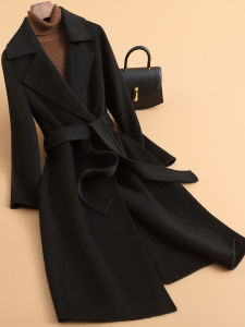 เสื้อโค้ทผ้าขนสัตว์คุณภาพพรีเมียมสำหรับผู้หญิง ทรงเข้ารูป 2025 ฤดูใบไม้ร่วง/ฤดูหนาว เสื้อโค้ทขนสัตว์สองด้านสีดำ แขนยาว สไตล์เกาหลี