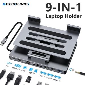 kebidumei | KEBIDUMEI 9 in 1 USB C Hub Foldable Docking Station Type-C to Gigabit RJ45 HDTV 4K PD100W Stand Computer Accessories For Laptop