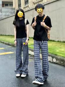 ZHUOCAN | Blue Checked Icy Silk Straight Leg Casual Pants