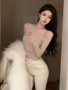 American Style Sweet And Spicy Long Sleeve T-Shirt Womens Slim Fit Spring Autumn Slimming Elegant Pure Desire Shoulder Bared Solid Color Top