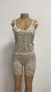 Womens 2 Piece Leopard Print Yoga Set Seamless Cami Tank Top High Waist Biker Shorts Gym Workout Fitness Activewear