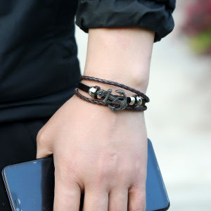 Korean Style Lucky Grass Anchor Bracelet for Couples Hand Woven Leather Mens Fashion Jewelry Accessories Lucky Charm