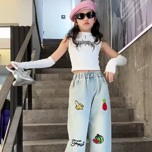 กางเกงยีนขากว้าง เด็กผู้หญิง กางเกงขายาวเด็กแฟชั่น การออกแบบปัก รูปแบบสี น่ารัก ความงาม เอวยางยืด เหมาะสำหรับอายุ 7-15 ขวบ