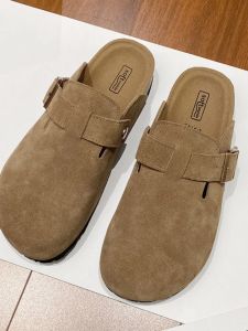 Sanxi Same Genuine Leather Boken Womens Shoes Thick Sole Cork Closed Toe Half Slippers Slip-on Plus Size 41-43 Birkenstock Shoes