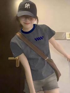 Grey round Neck Short Sleeve T-Shirt Womens Casual Basic Shirt Summer New Style Pure Color Versatile Short T-Shirt Small Size Top