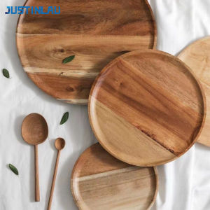 JUSTINLAU 15/20/25cm Wooden Round Serving Platter Tray Retro Pizza Salad Plate Fruit Dessert Tray Bread Container Snacks Dish
