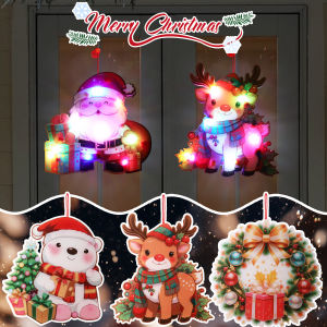 Cartoon Christmas Hanging Sign DIY Elk Snowman Santa Wreath LED Glowing Pendant Christmas Door Hanger Party Home Decoration