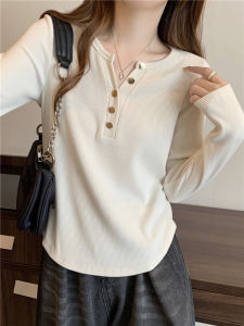 T-shirt Womens Shoulder Slim Looking Spring and Autumn Style Fat Sister Plus Size Womens Clothing Half-Open Collar Long Sleeves Tops Belly-Covering Shirt