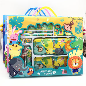 Bafada 9pcs Student Stationery Set Gift Box Cute Cartoon Pattern Pencil Case Sharpener Notebook Eraser Skipping Rope Portable Childrens Learning Supplies For Primary School Students