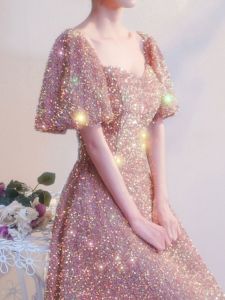 Elegant Champagne Color Sequin Evening Dress Womens Hostess Ball Gown A-Line Skirt Short Sleeve Long Dress for Party Wedding