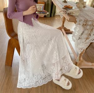 Elegant Chinese Style Lace Half Skirt Womens Cheongsam under Skirt Long Pleated Skirt Net Gown Wide Hem Umbrella Skirt