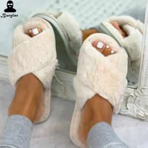 Womens Warm Fluffy Faux Fur Slippers Cozy Cross Indoor Slides Korean Style Flat Bottom Home Shoes Velvet Upper TPR Outsole