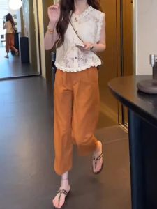 High Waist Straight Leg Casual Pants Womens Summer New plus Size Flattering Small Frame Slimming Hip Covering Nine Point Pants