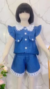 Setelan Laura Jeans Denim Anak Perempuan Usia 3-12 Tahun | Pakaian Anak Cewek Baju Kemeja Denim Lengan Pendek Bahu Rempel Variasi Krah Renda Kombinasi Celana Jeans Pendek Renda | Pakaian Terbaru Anak Cewek Model Lucu