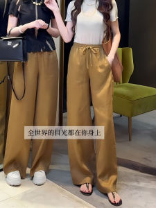 กางเกงขายาวทรงหลวมเอวสูงผ้าลินินสีทองน้ำตาลสำหรับผู้หญิง 2024 กางเกงขายาวทรงหลวมสบายๆ ฤดูร้อน กางเกงขายาวทรงหลวมสไตล์เกาหลี