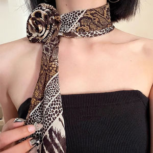 Retro Leopard พิมพ์ผ้าพันคอผ้าไหมดอกไม้รูปผู้หญิง Y2K ยาว Tie คออุปกรณ์เสริมสําหรับแฟชั่นสไตล์อินเทรนด์