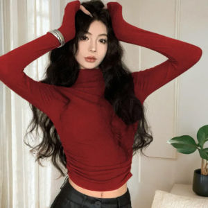 Spicy Girl Pure Desire Long Sleeve T-Shirt Womens Slim Fit Base Shirt Half High Collar Cotton Autumn Design Sense Folded