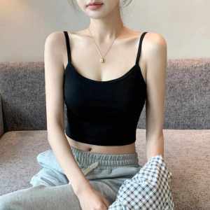 Pure Cotton Womens Ultra-Short White Camisole Tank Top Belly-Baring Sleeveless Base Shirt Commute Style U-Neckline Citywalk