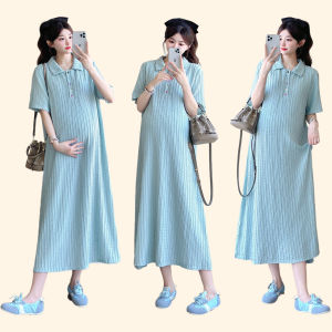 Maternity Short Sleeve Collar Colorful Button Loose Large Size Textured Elastic A-line Mid-length Dress