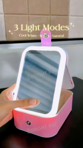 LED Makeup Mirror Organizer Cermin Solek Kotak Simpanan Cosmetic Box with 3-Color Adjustable Portable Travel Makeup Mirror Pouch