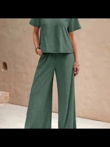 2026 New Solid Green Women Loungewear Set Round Neck Crop Short Sleeve Top Elastic Waist Wide Leg Pants Casual Two Piece Pajamas
