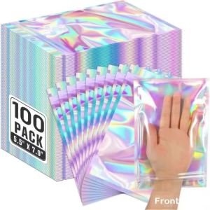 100pcs  Holographic Bags  Resealable Smell Proof Bags Foil Pouch Zip Bag for Party Favor Food StorageCandy & Jewelry Packaging