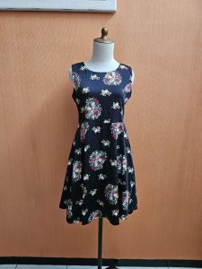 mini midi dress wanita hitam motif bunga NOBBY cewek M kutung MEWAH cute
