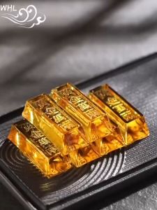 WHL 风水摆件黄水晶金条 聚宝盆摆件 吉祥物招财风水家居装饰品 开业乔迁 五帝钱 琉璃礼品 Fengshui Supplies