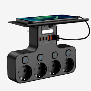 4000W EU Multifunction Socket Smart Night Light Individual Switch EU Plug 4 AC Power Strip with Phone Holder 2 USB-A 2 USB-C