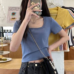 Cotton Short Sleeve Square Collar T-Shirt Pure Color Slim Fit Summer Fashionable Womens Top Korean Style Casual Wear