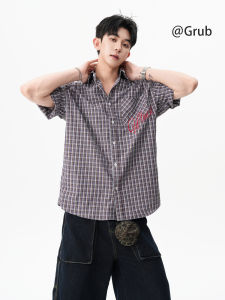 Grace Rub | American Letter Embroidery Plaid Retro Light Shirt