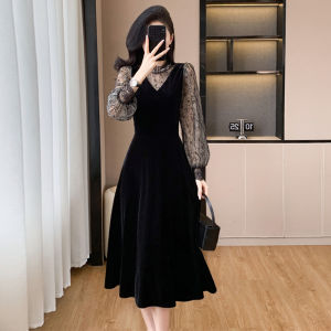 Velvet Long Dress Hepburn Style Autumn Winter High Waist A-Line Skirt Elegant Slimming Black Dress Commute Suitable