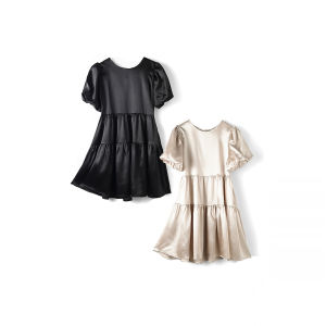 Luxurious Acetate Solid Color Womens Dress Elegant Minimalist Style Short Sleeve Casual Wear for Ladies in Summer Season