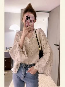 Áo Sơ Mi Ren Khoét Sâu Cổ Chữ V Tay Dài Kiểu Pháp Cho Nữ Mùa Xuân Thu Áo Sơ Mi Dệt Kim Hở Vai Thanh Lịch