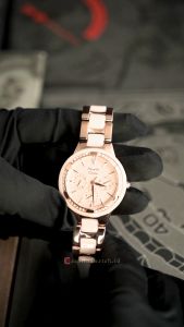 Jam Tangan Wanita Alexandre Christie Multifunction AC 2299 BFBRGLN Soft Pink Dial Dual Tone Stainless Steel Ceramic Strap