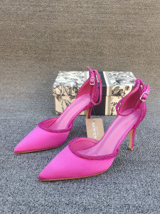 Pink Satin High Heels Diamond Edge Pointed Toe Hollow out Buckle Sandals Womens Fashionable Low Cut Slip-On Shoes