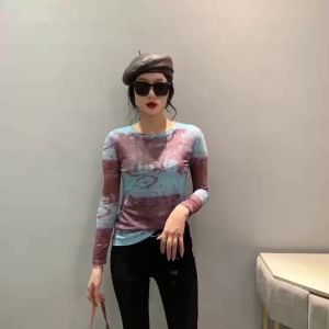 AMMIN 2024 Autumn new simple round neck fashion positioning tie-dye print plus size long sleeve t-shirt woman Korean style vintage elegant blouse