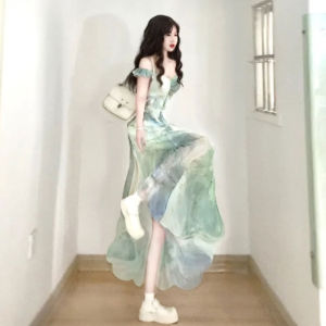 Retro Unique Beautiful One-Shoulder Slim Long Dress Floral Print Summer Fashion High Waist V-Neck Sleeveless A-Line Dress