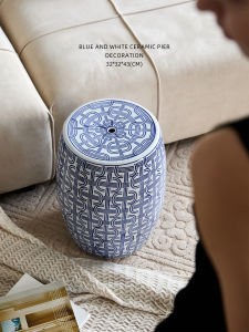 Geometric Pattern Blue and White Porcelain Stool Classical Style