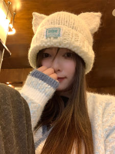 Cute Cat Ears Knitted Hat Female Autumn and Winter Soft Glutinous Thickened Heattech Earflaps Head-Wrapping Woolen Cap Big Head Circumference
