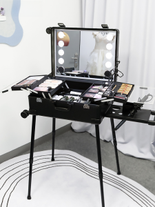 OBOX Professional Makeup Case with Lighted Mirror Hidden Stand Luggage Handle Hardshell Travel Suitcase for Makeup Artists