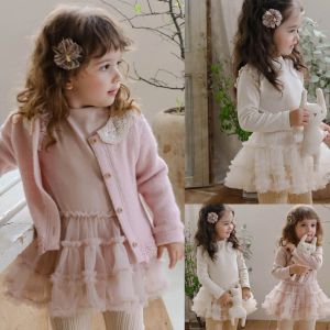 Princess Style Fleece Lined Outfit for Girls Strawberry Shan Autumn Winter Collection Pink Colorful Knitted Skirt And Sweatshirt Set