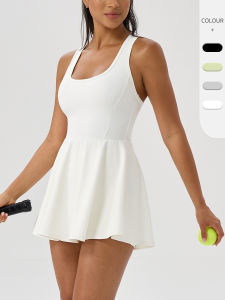 เดรสกระโปรงเทนนิสแขนกุดผู้หญิงเดรสลำลองฟิตเนสโยคะกลางแจ้งผ้ายืดสูง