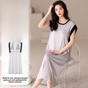 MiiOW | Cat Lady Summer Sleepwear Ice Silk Casual Loose Home Clothes Nightgown With Chest Pad Youth Fashion Polyester Spandex Blend