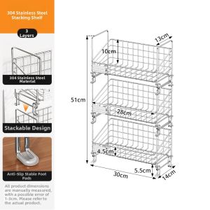 Stackable 304 Stainless Steel Large Capacity Kitchen Shelf