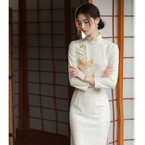 Improved Cheongsam 2026 New Beige Embroidery Elegant Young Women Autumn Winter Retro Daily Qipao Party Dress