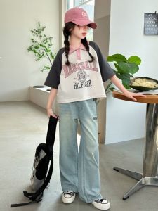 Girls Summer Cotton Polo Shirt Short Sleeve T-Shirt Set Casual Loose Fit Pure Cotton Half Sleeve Top for Kids And Toddlers