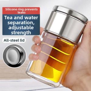 YUYOU | Double Layered Glass and Stainless Steel Tea Cup for Men High-end Tea Water Separation Transparent Cup
