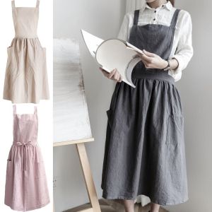 CHENJIE Nordic Linen Aprons Korean style Cotton Work Dress Simple Kitchen Apron