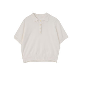 Lightweight See-through POLO Neck Knitted Short Sleeve Lin Satin Cotton Blend Spring Commute Style Loose Fit Womens T-shirt